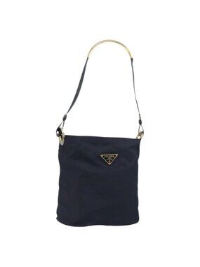 Authentic PRADA Shoulder Bag Nylon Navy Gold